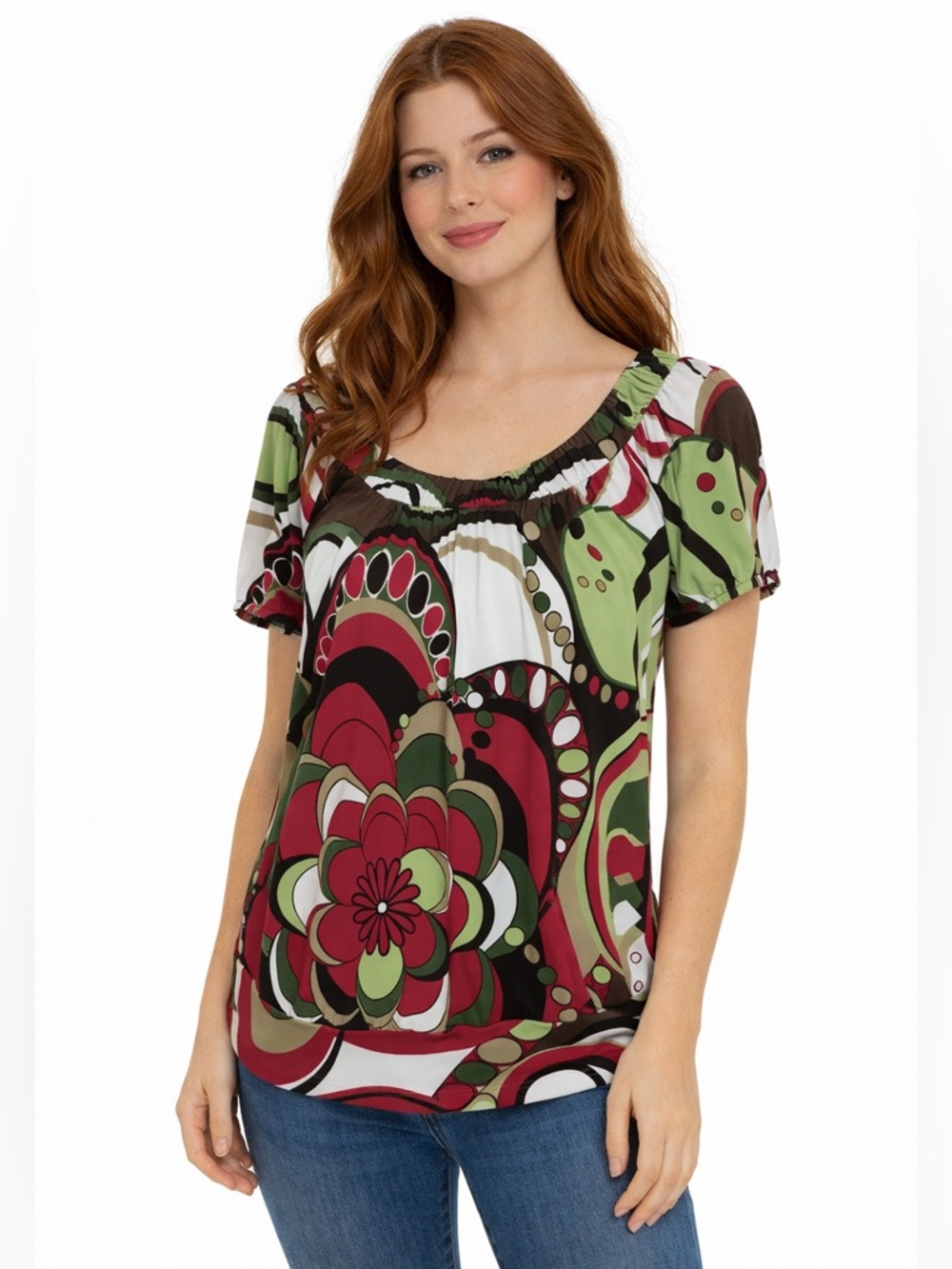 Y2K AB Studio Psychedelic Floral Top Small Retro Mod Puff Sleeve Tunic Blouse